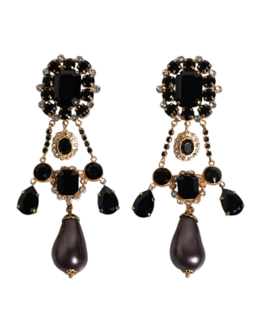 Gold Tone Brass Black Crystal Clip On Dangling Earrings