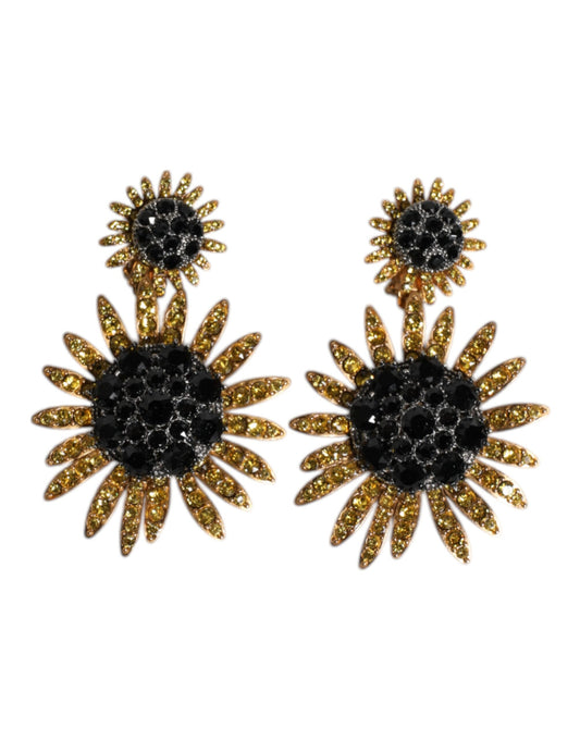 Gold Tone Brass Sunflower Crystal Clip Dangling Earrings