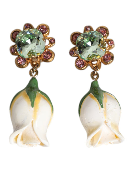 Brass White Flower Bloom Crystal Clip Dangling Earrings