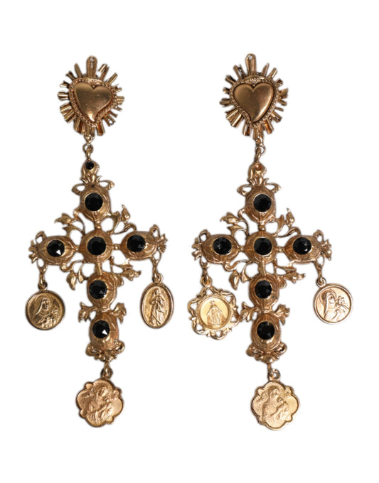 Gold Black Crystal Cross Sacred Heart Dangling Earrings