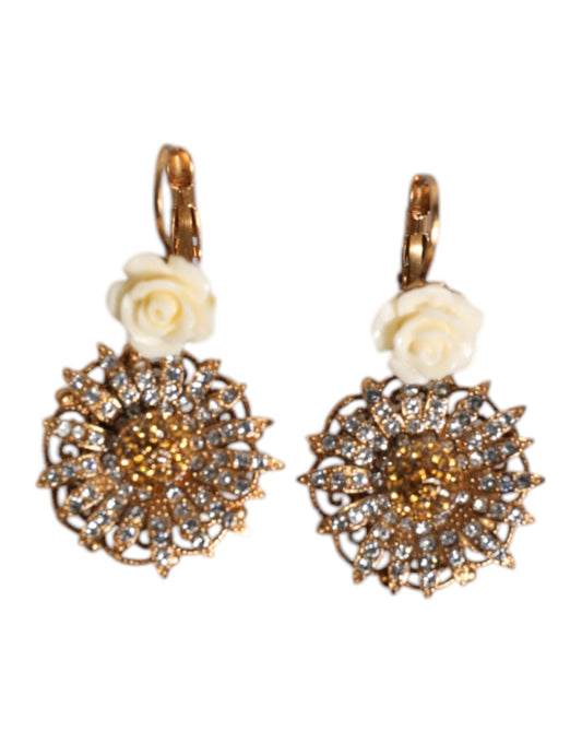 White Floral Clear Crystal Brass Dangling Jewelry Earrings