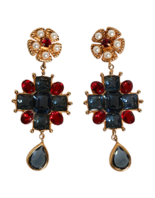 Gold Tone Crystal Rhinestone Embellish Dangling Earrings