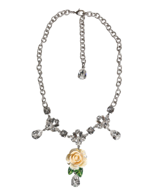 Silver Tone Brass Clear Crystal Roses Pendants Necklace