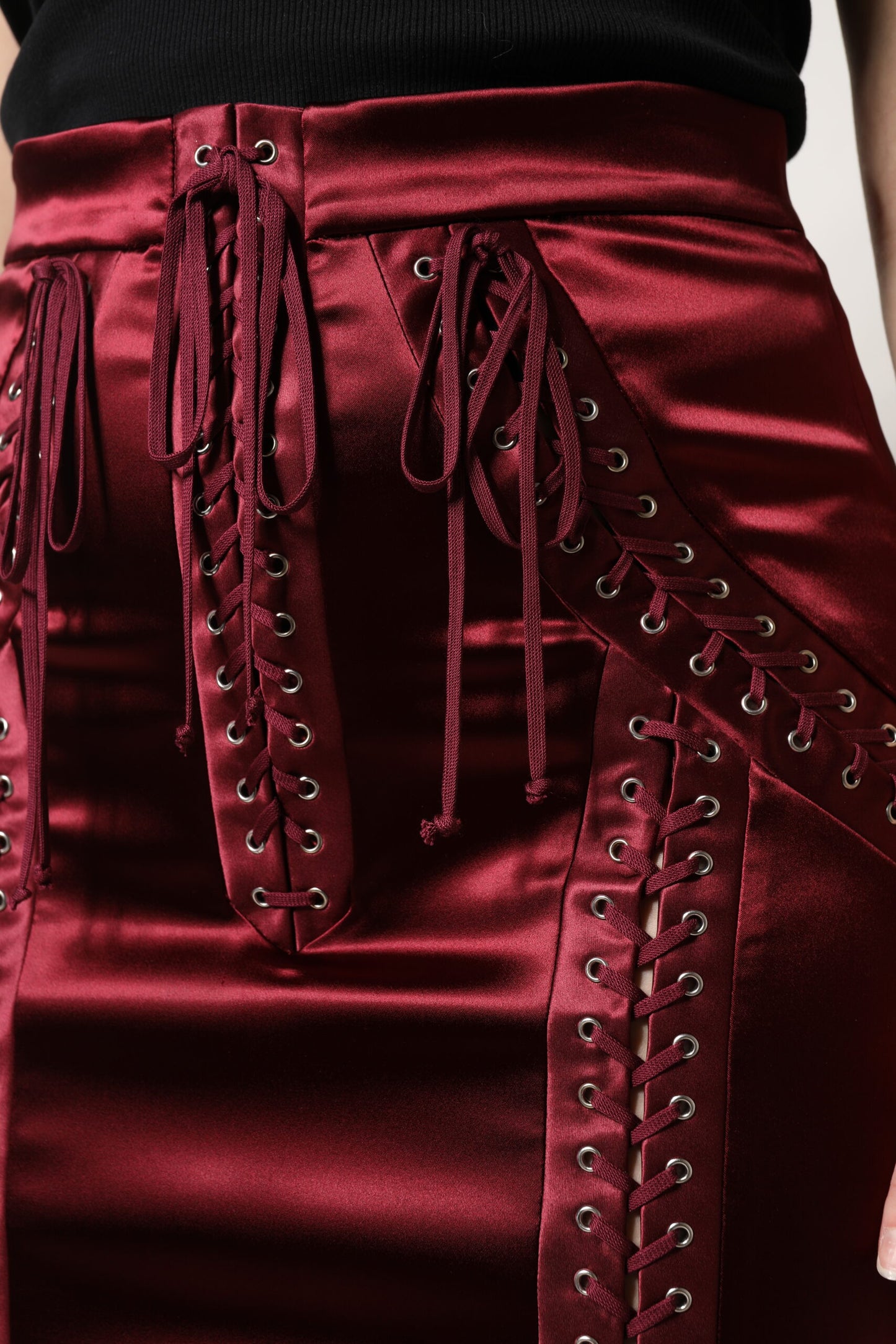 Burgundy High Waist Satin Corset Midi Skirt