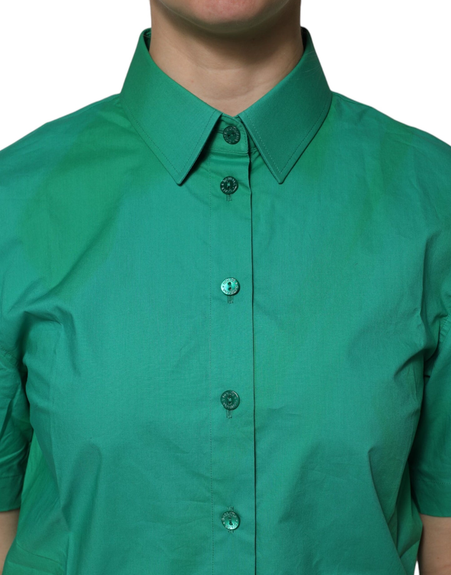 Green Collared Cotton Short Sleeves Blouse Top