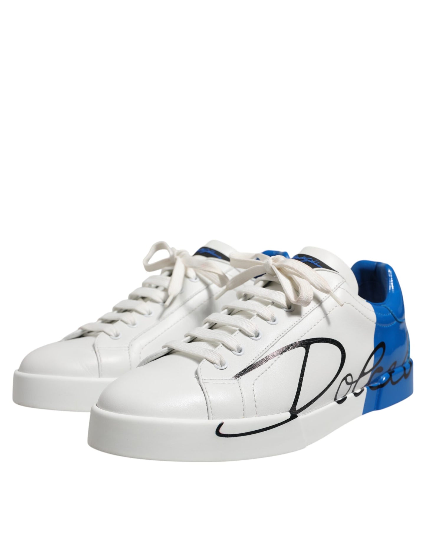 White Blue Logo Low Top Leather Sneakers Shoes