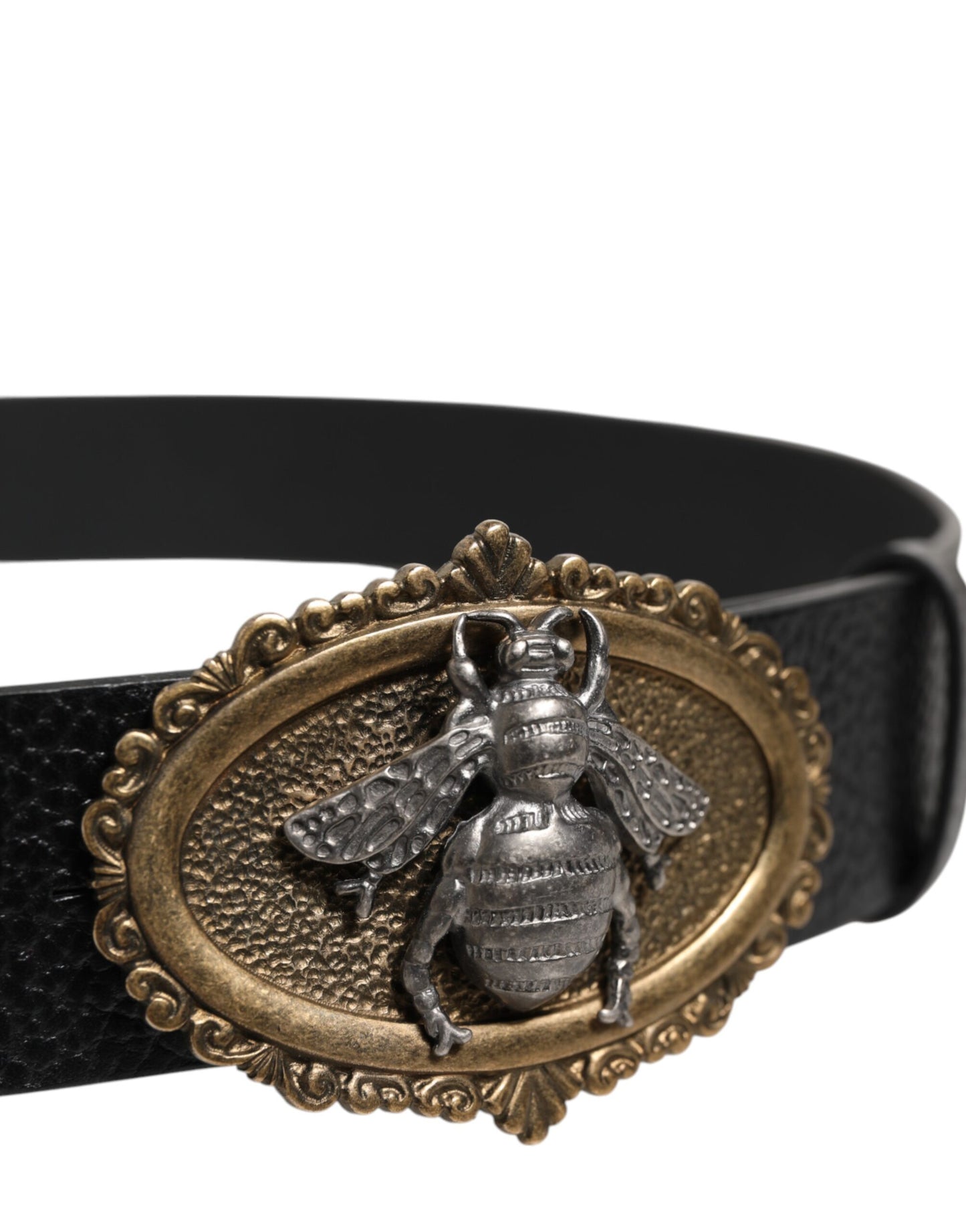 Black Classic Leather Bee Metal Buckle Belt