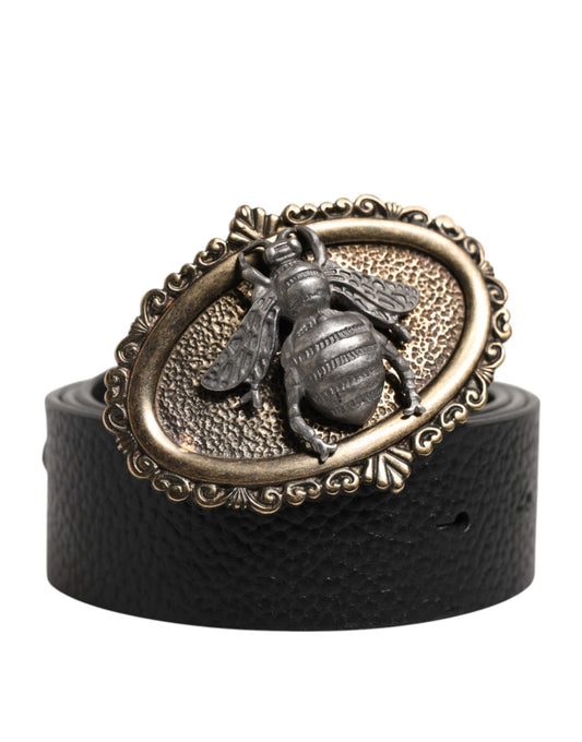 Black Classic Leather Bee Metal Buckle Belt