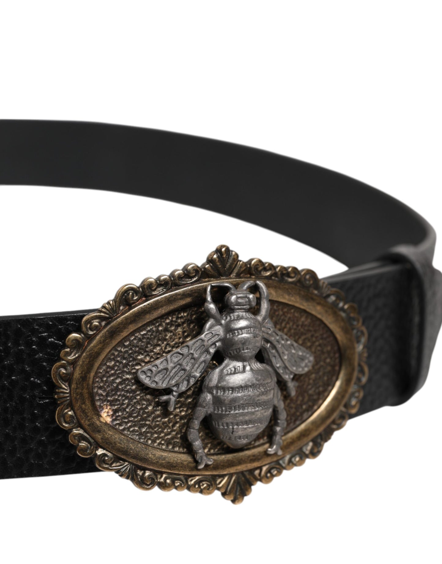 Black Classic Leather Bee Metal Buckle Belt