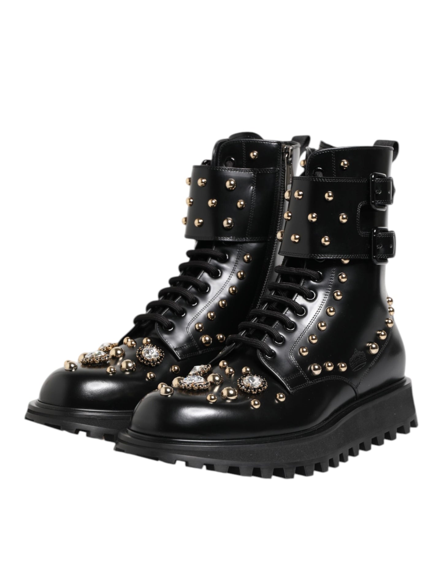 Black Studded Lace Up Mid Calf Boots Shoes
