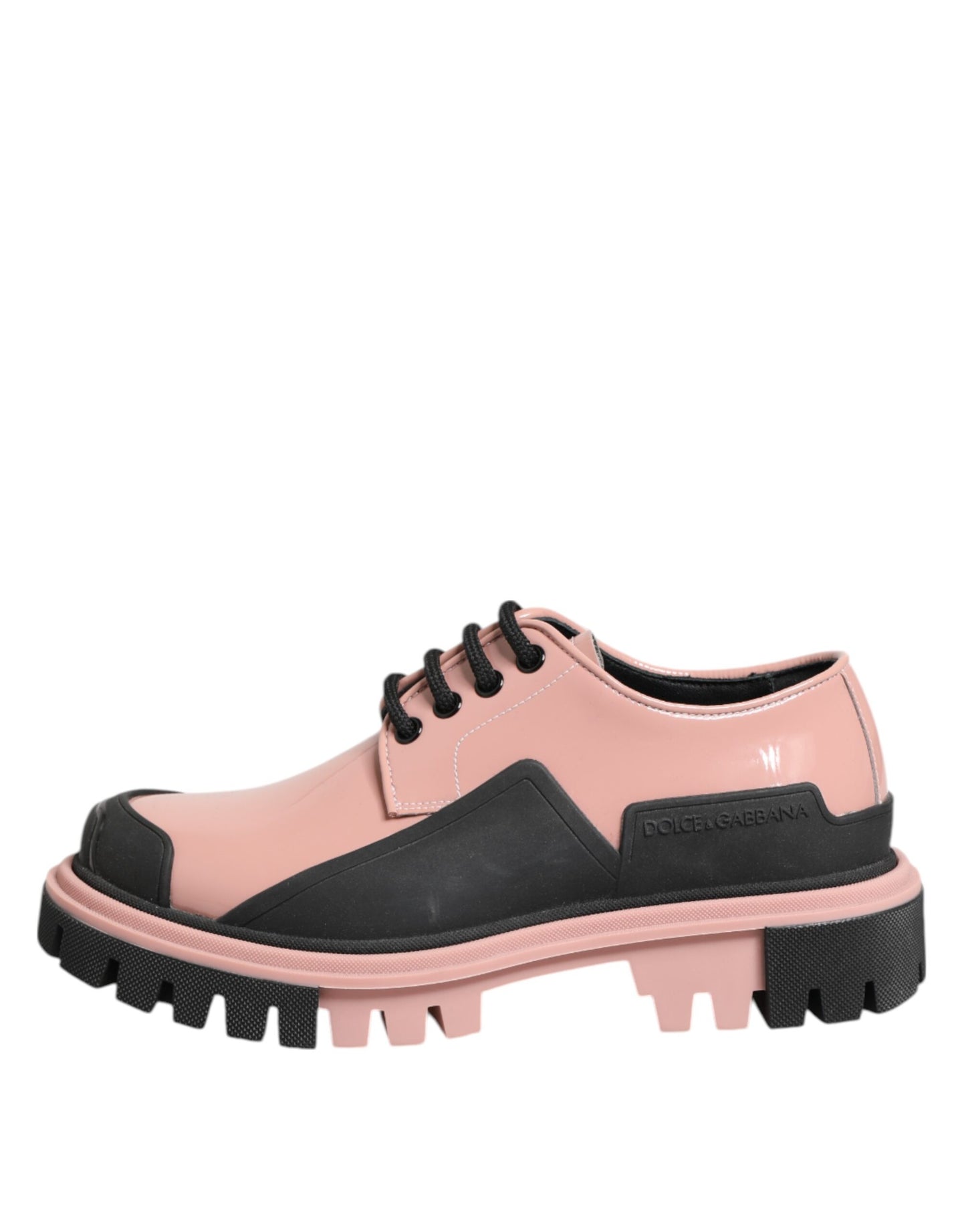 Light Powder Pink Black Leather Lace-Up Shoes