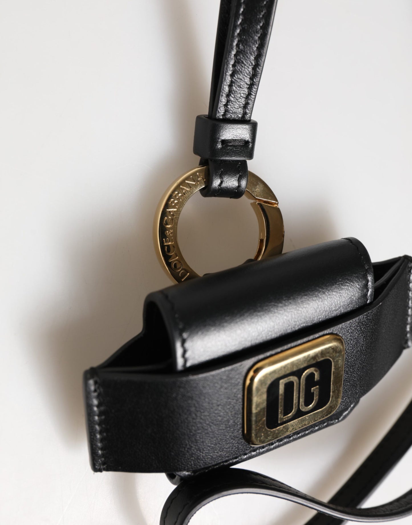 Black Leather Strap Gold Metal DG Logo Plaque Airpods Case