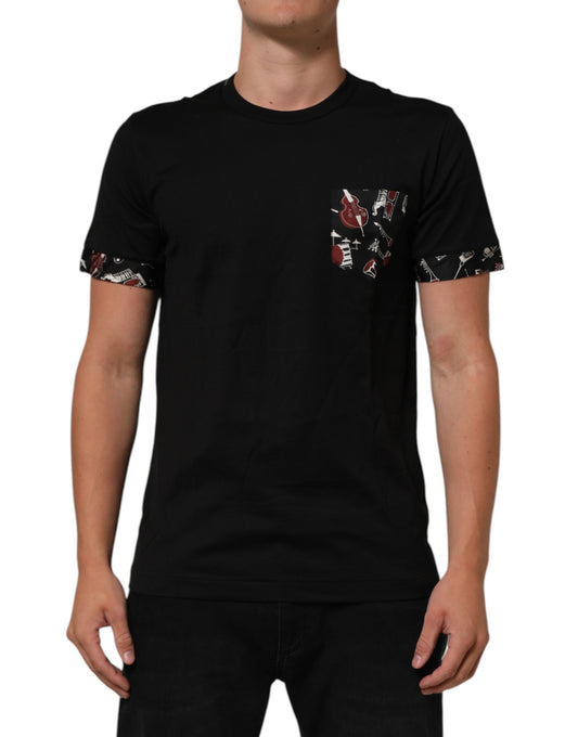Black Musical Print Cotton Crew Neck T-shirt