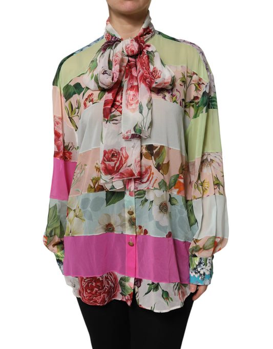 Multicolor Floral Patchwork Ascot Collar Top