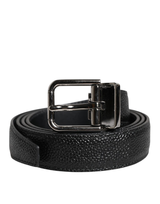 Black Textured Leather Silver Metal Buckle Men Belt