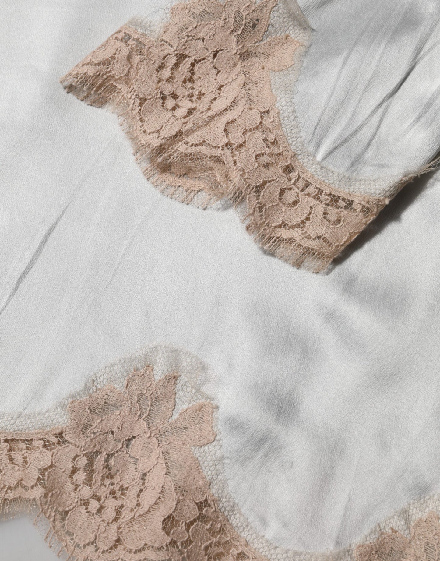 Gray Silk Satin Floral Lace Long Sleeve Top