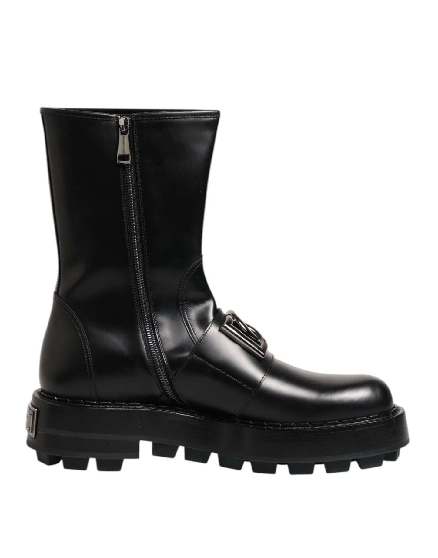 Black Logo Plaque Mid Calf Biker Boots Shoes