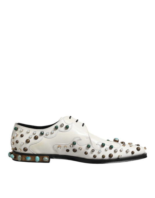 White Leather Crystals Embellished Derby Shoes