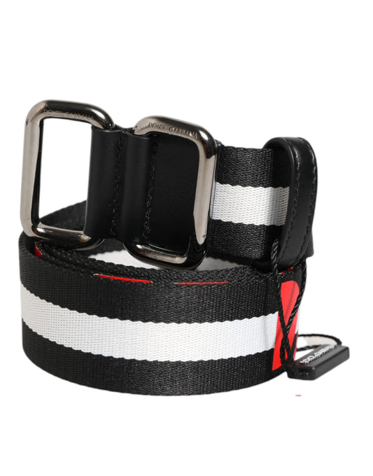 Black White Striped Logo Metal Buckle Belt