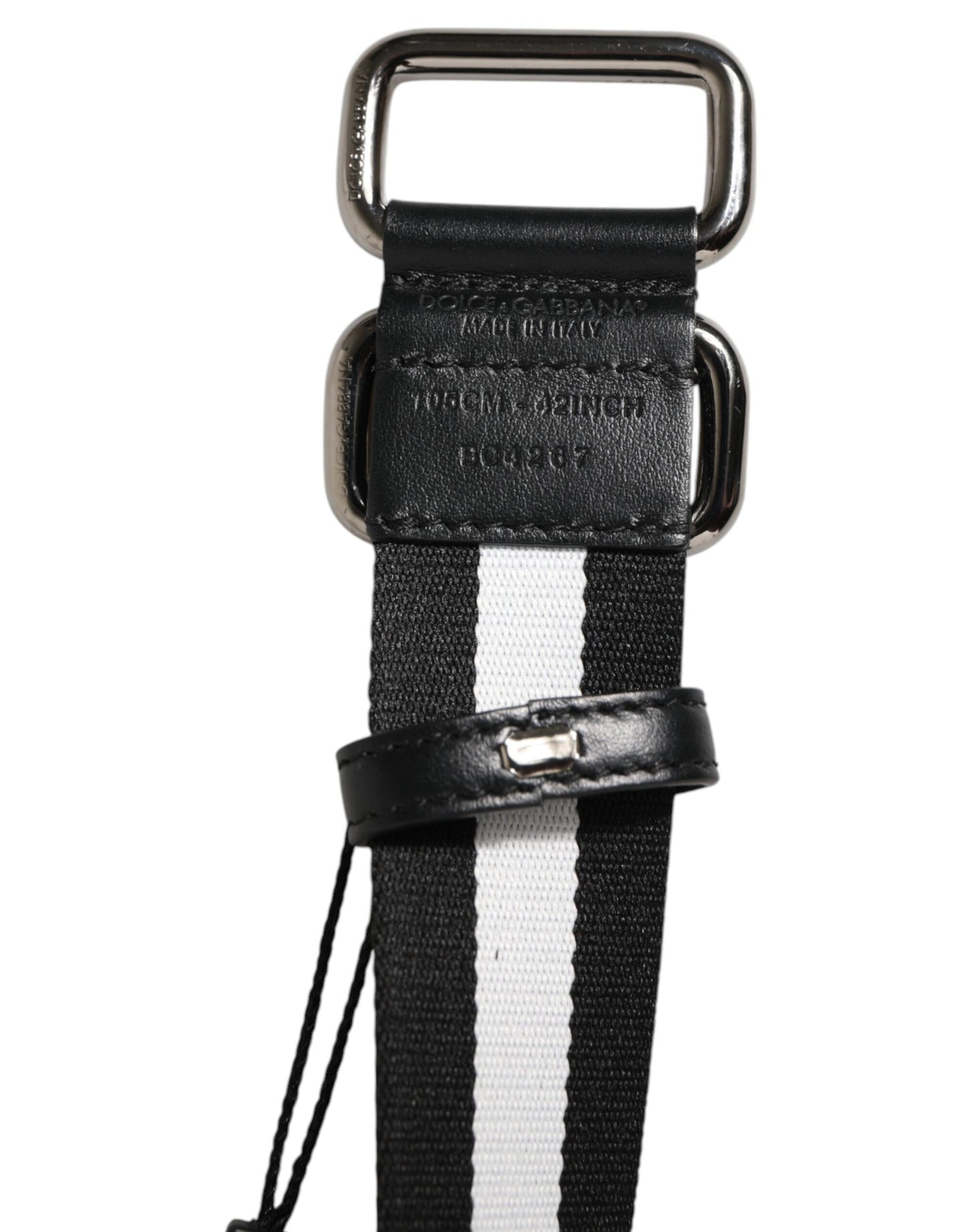 Black White Striped Logo Metal Buckle Belt