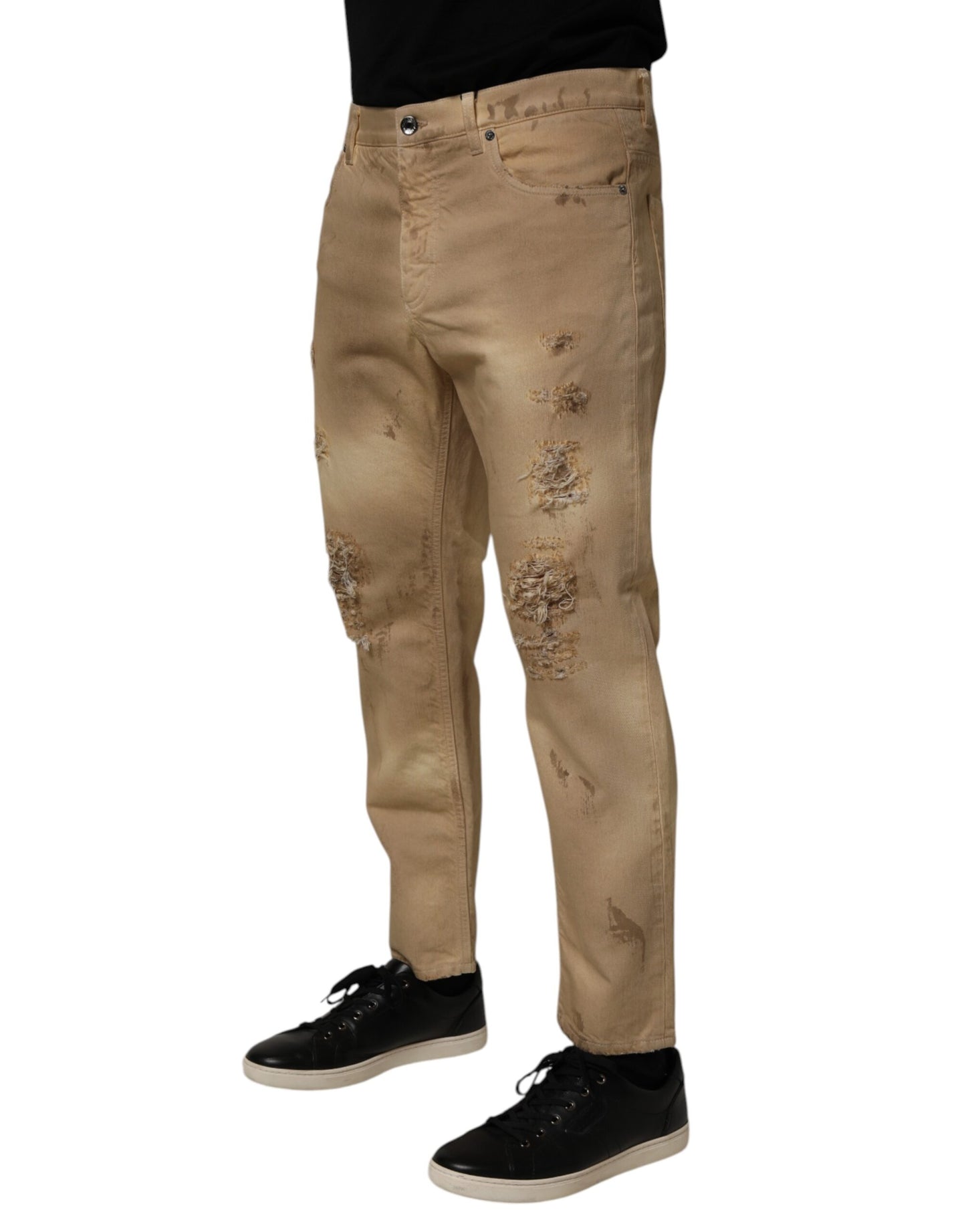 Beige Cotton Loose Tattered Men Denim Jeans