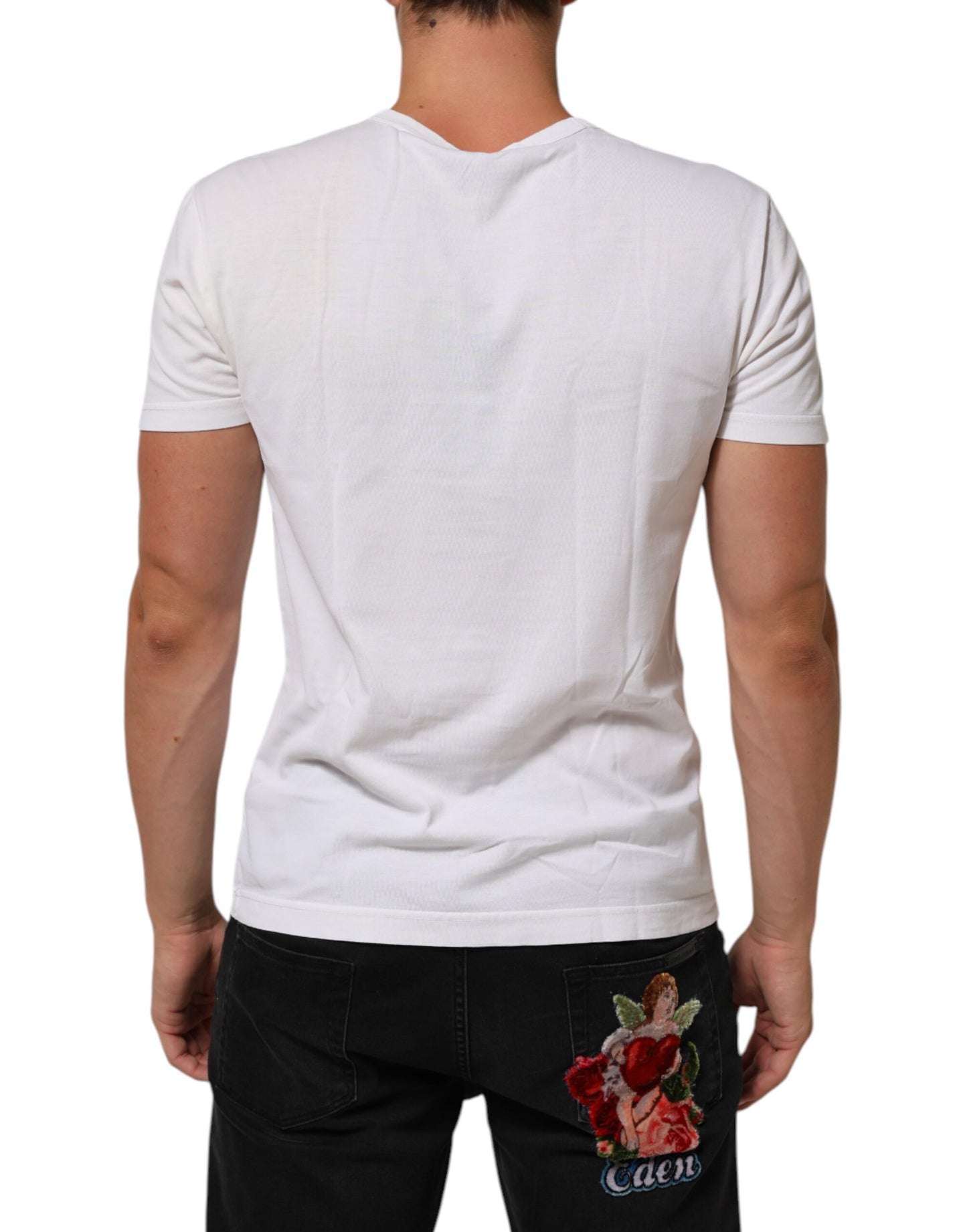 White Logo Print Cotton Crew Neck Men T-shirt