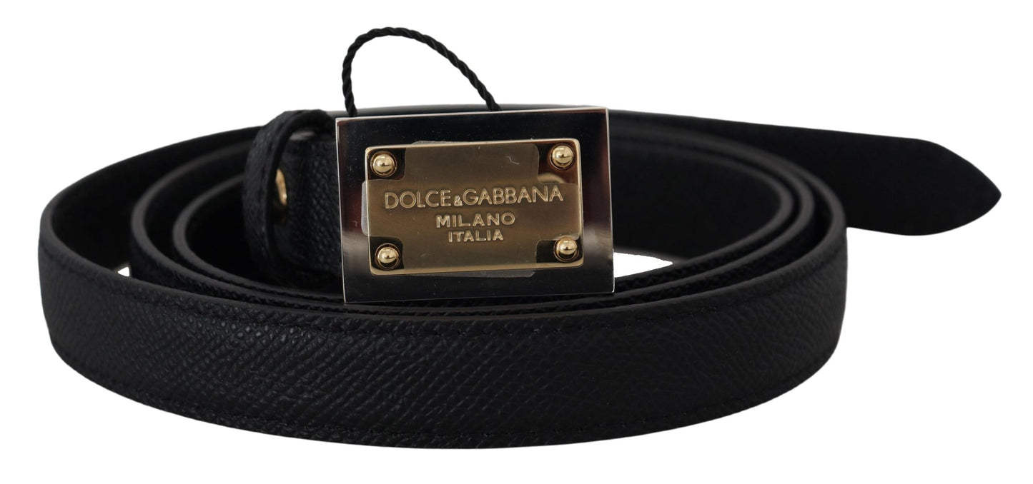 Black Leather Gold Logo Metal Buckle Belt