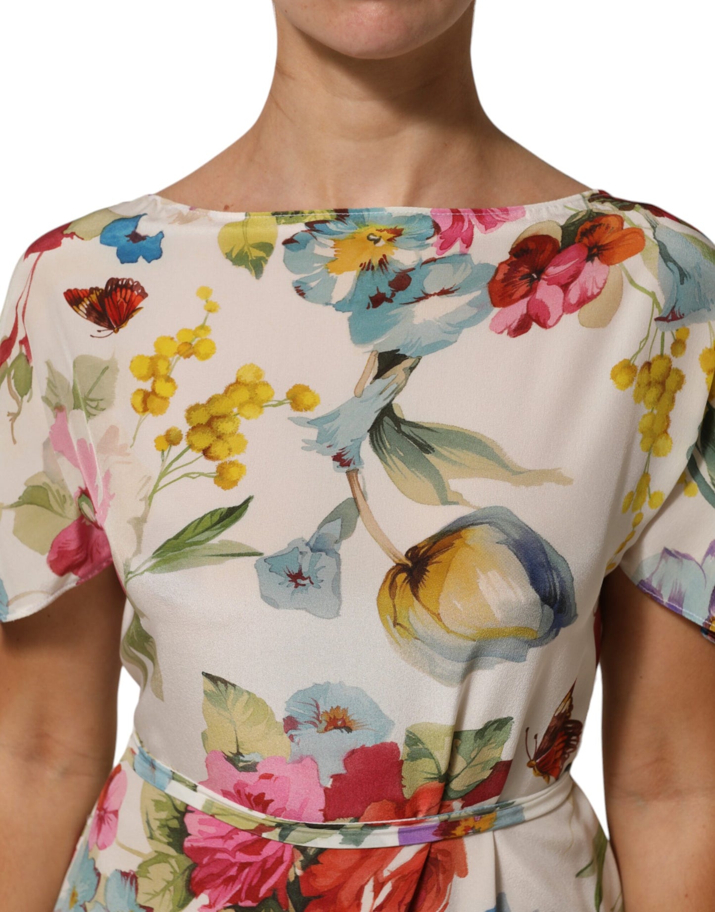 White Floral Print Silk Sheath LongGown Dress