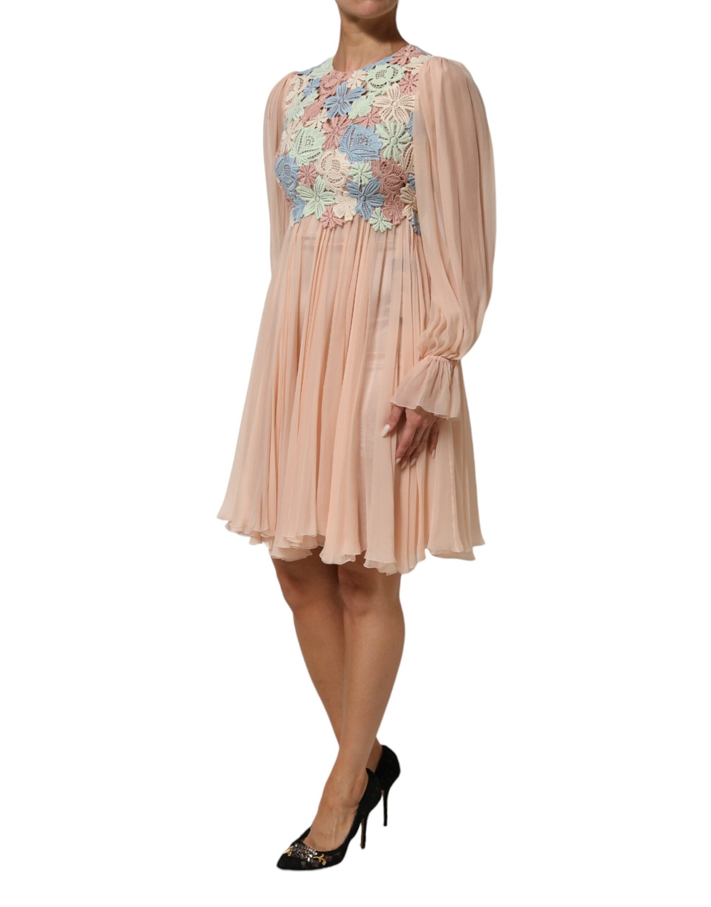 Pink Floral Embroidery Pleated A-line Dress