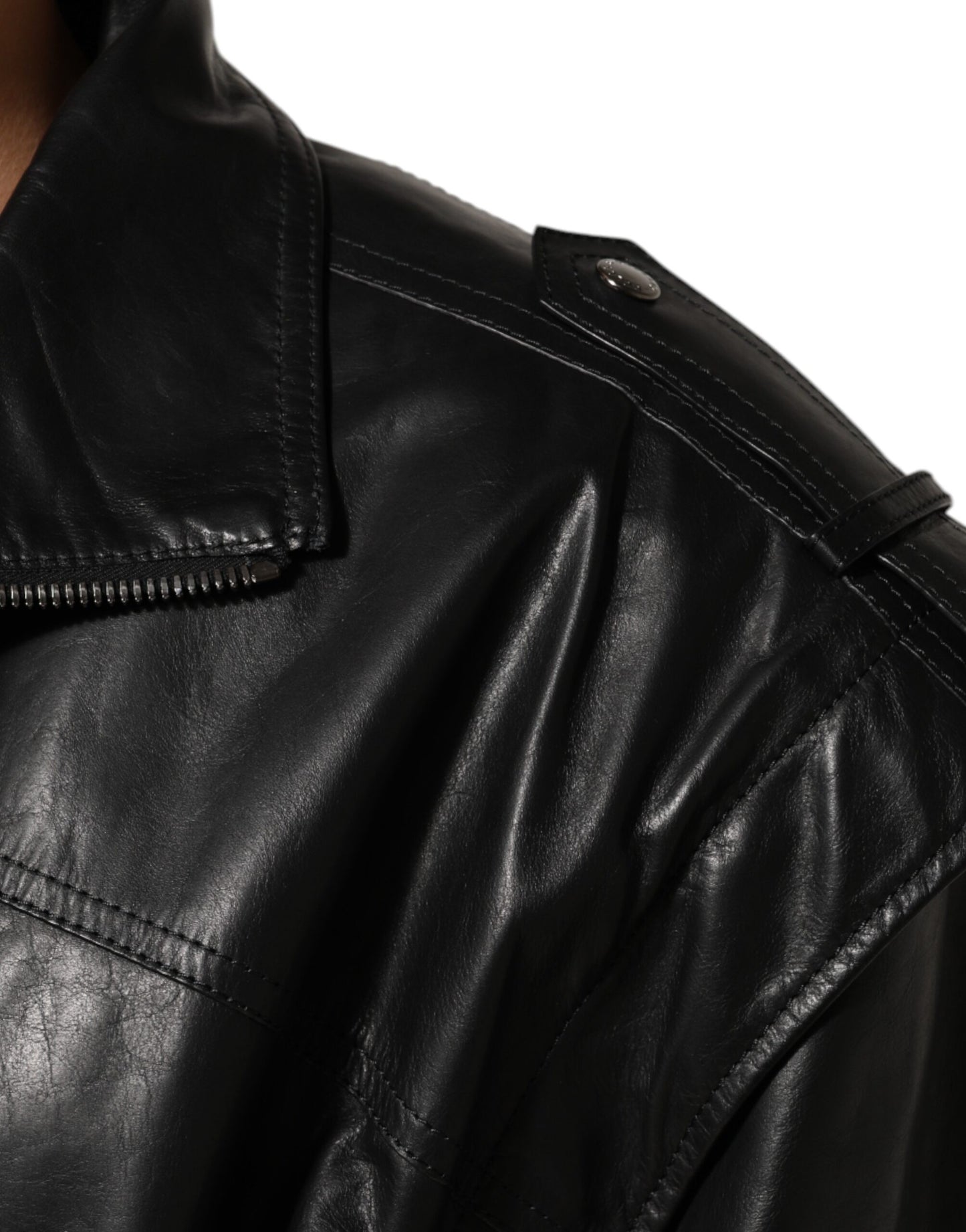 Black Leather Full Zip Biker Blouson Jacket