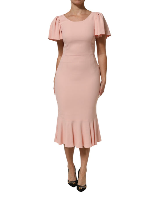Pink Viscose Short Sleeves Sheath Midi Dress