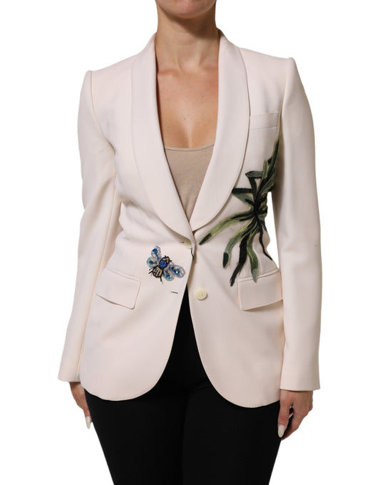 Beige Embroidered Single Breasted Jacket