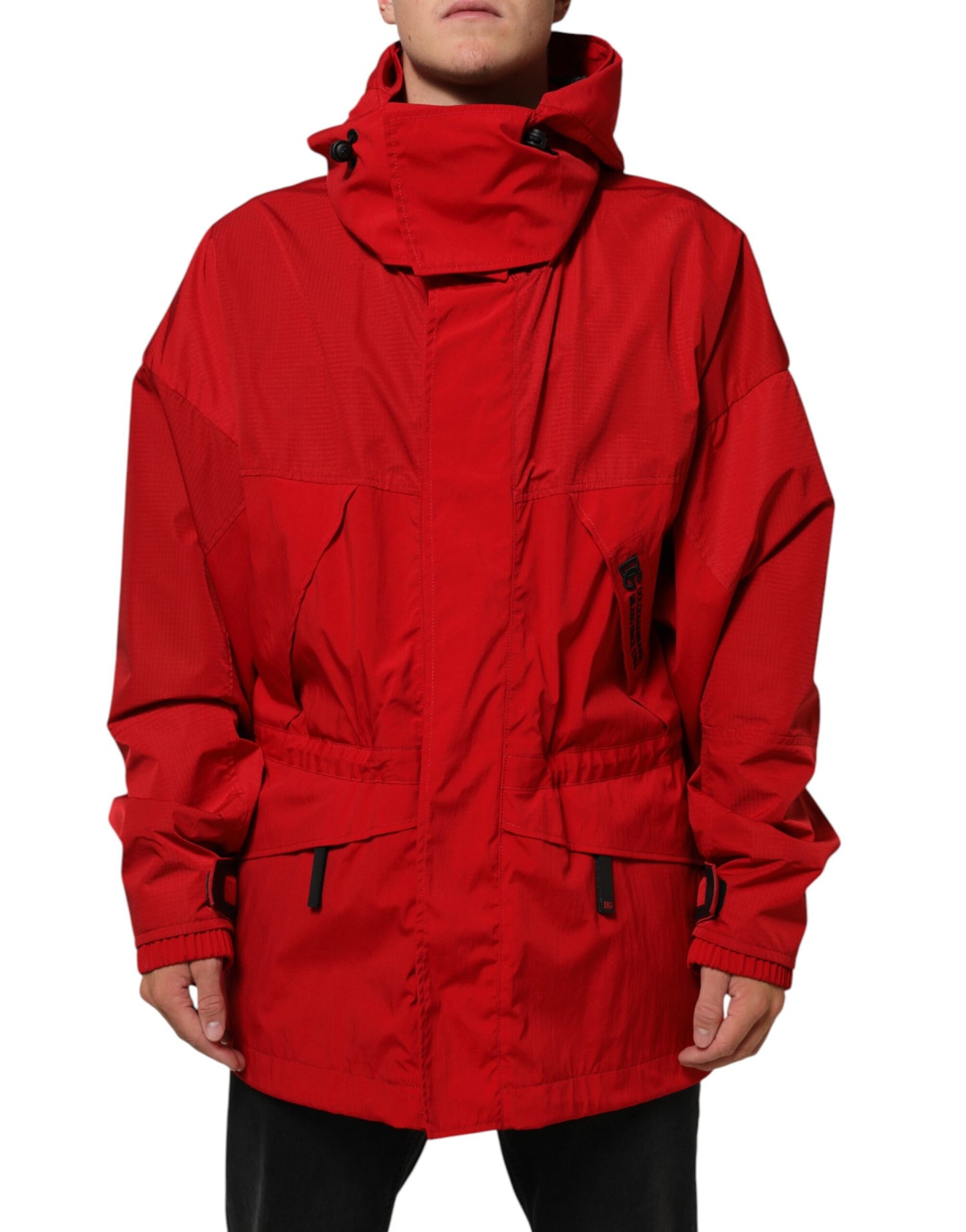 Red Nylon Hooded Men Full Zip Parka Jacket