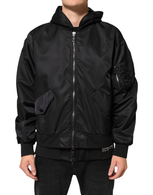 Black Nylon Hooded Full Zip Bomber Men Jacket