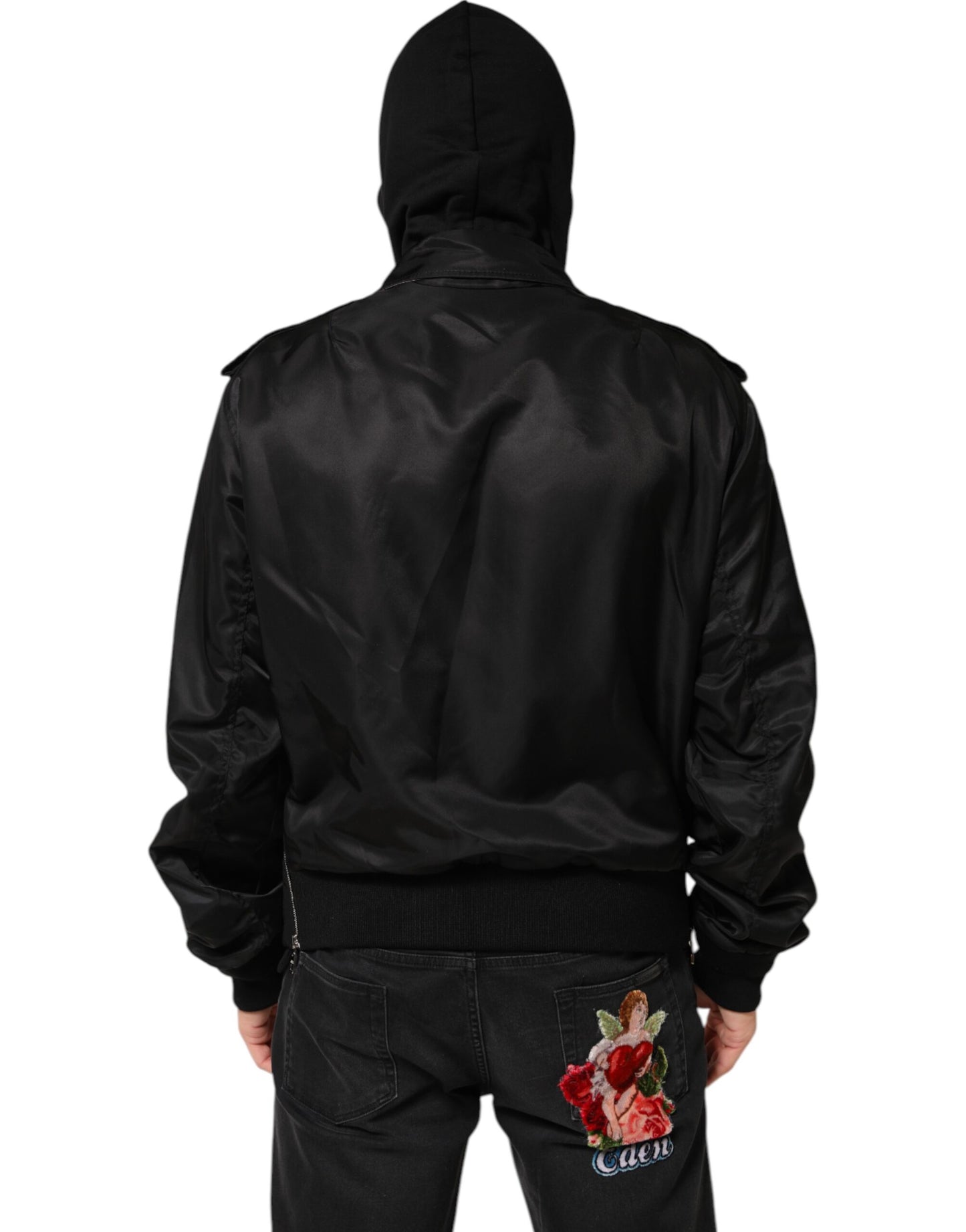 Black Cotton Hooded Full Zip Bomber Jacket