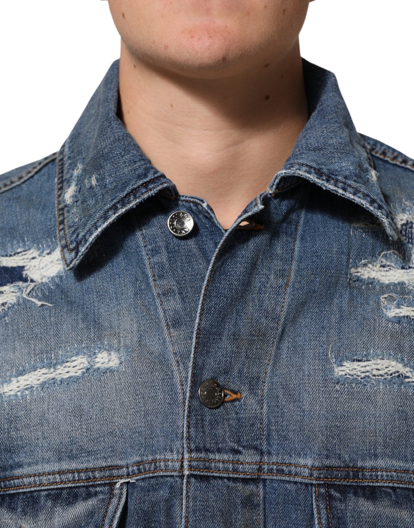Blue Cotton Tattered Denim Blouson Jacket