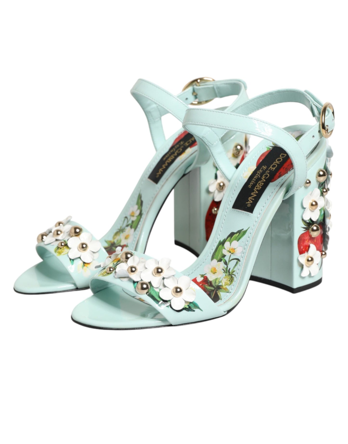 Mint Green Floral Studs Heels Sandals Shoes