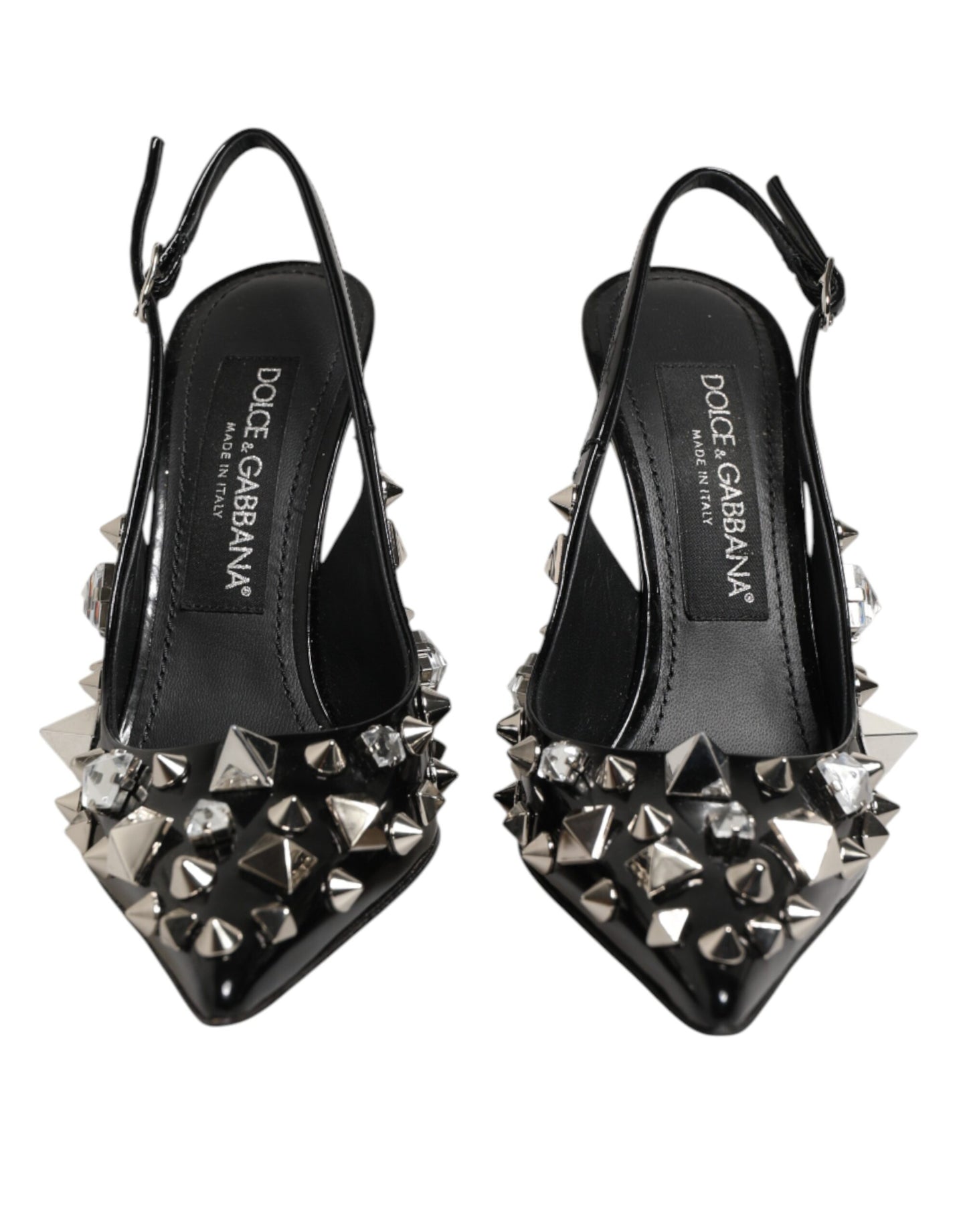Black Studded Leather Heels Slingbacks Shoes